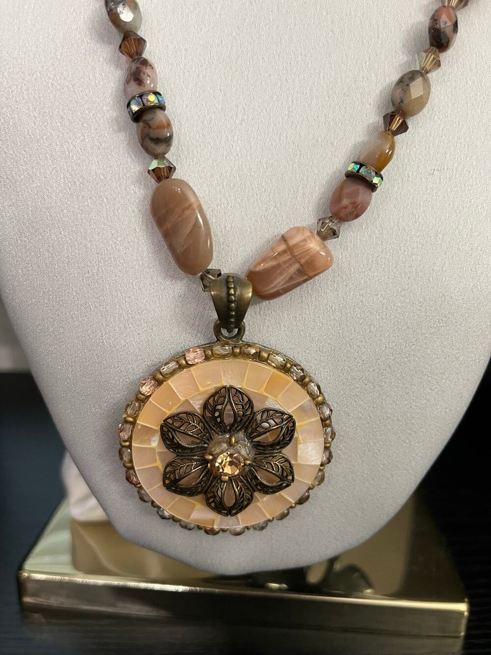 Chico's Pink Agate Beaded Flower Rosette Medallion Pendant Necklace